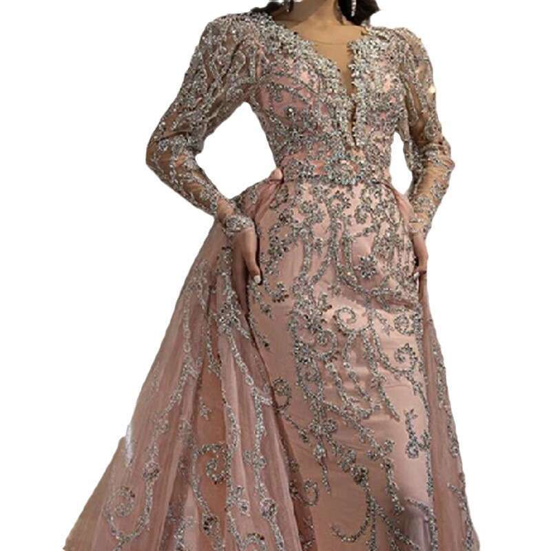 European and American Women's Sexy V-neck Long Sleeve Gold Tailed Evening Dress 2024 Versatile New Trendy Clothing Ins