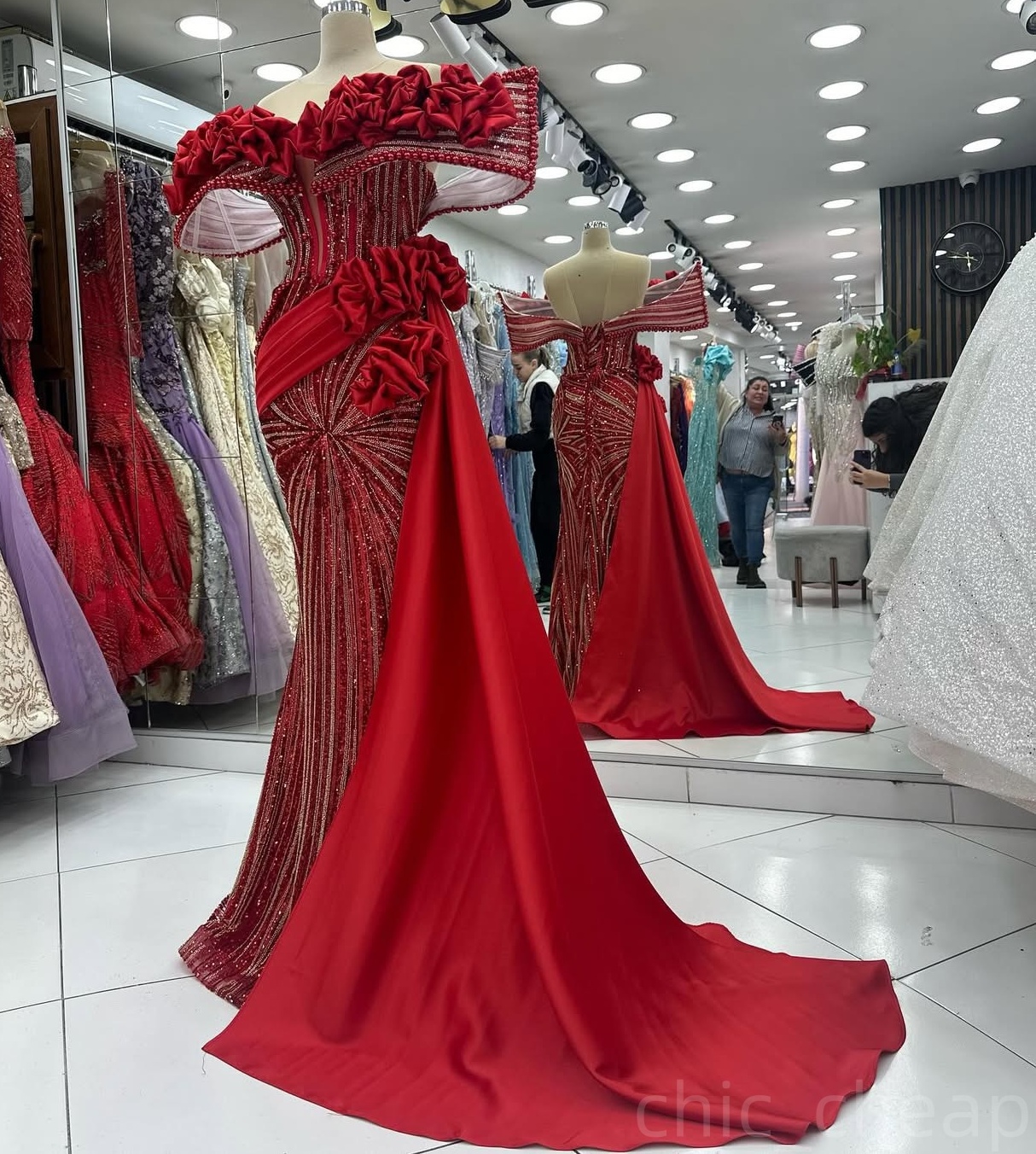 Red Mermaid Prom Dresses 2024 Crystals Pearls Sequined Satin Evening Formal Party Second Birthday Engagement Gowns Plus Size Dress For Special Occasio