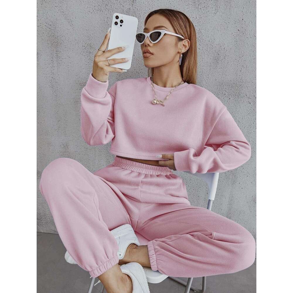 Autumn winter solid color round neck pullover pants, casual and fashionable long sleeved hoodie set, waffle new style