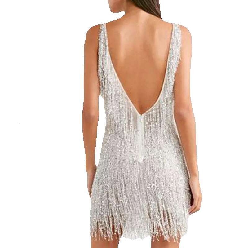 Casual Dresses European And American Foreign Trade Style Women's Sexy Fringed V-neck Slim Dress2241