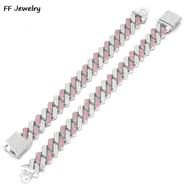 14mmHip Hop Shiny Cuban Link Chain Bracelets Women Men PINK Color Rhinestone Iced Out Chain Bracelets Punk Wristband Jewelry 241203