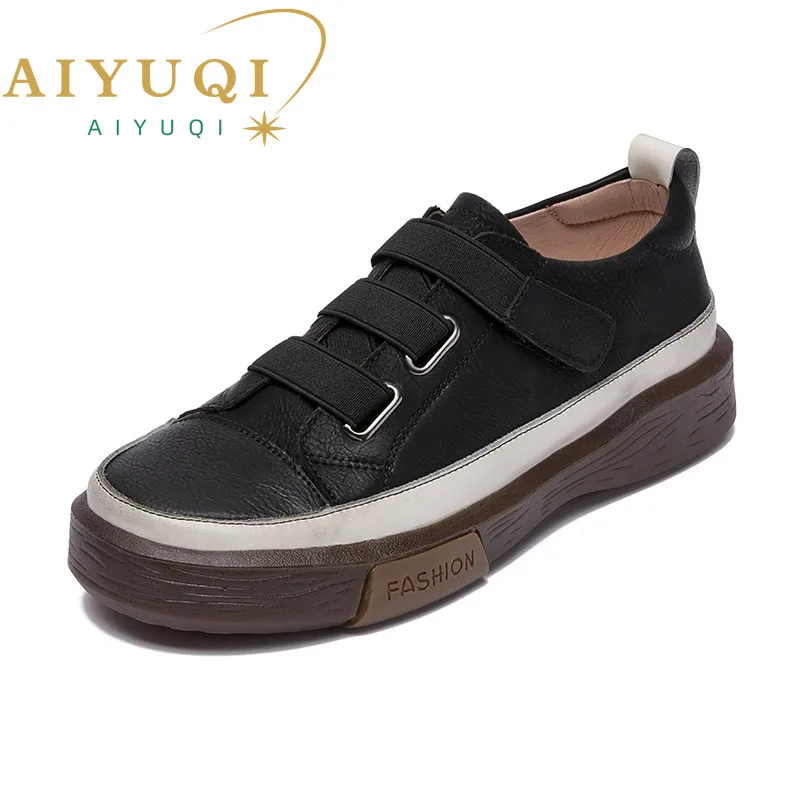 AIYUQI Women's Vulcanized Shoes Flat Genuine Leather Women's Sneakers Retro Large Size Fashion Girl Student Shoes