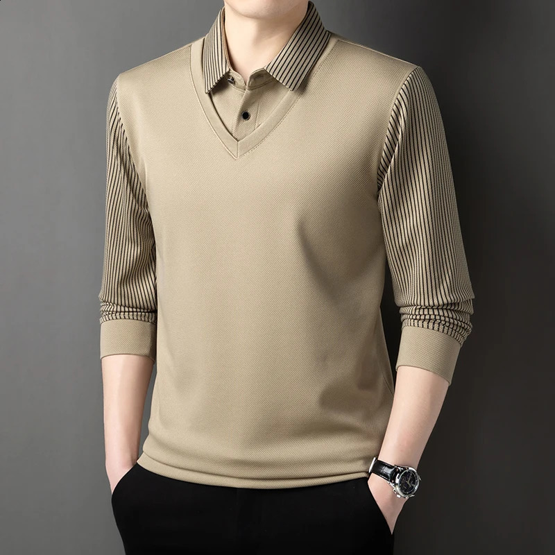 Korean style mens long sleeved T-shirt with automatic lapel business fashion casual polo shirt elastic top black gray khaki color 241203