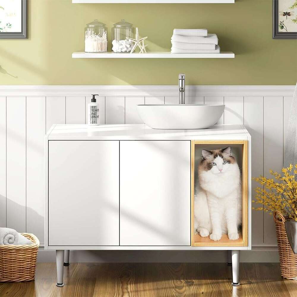 AMZOSS 2 in 1 Vanity Enclosure, Bathroom Litter Box Furniture Hidden with Double Door and Divider, Wooden Cat Washroom Furniture, Traditional Under Si