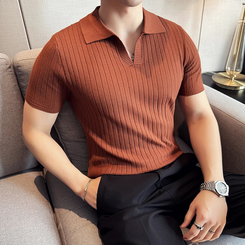 Mens striped polo shirt summer lightweight breathable solid casual elastic slim fit short sleeved V-neck T-shirt mens clothing 241203