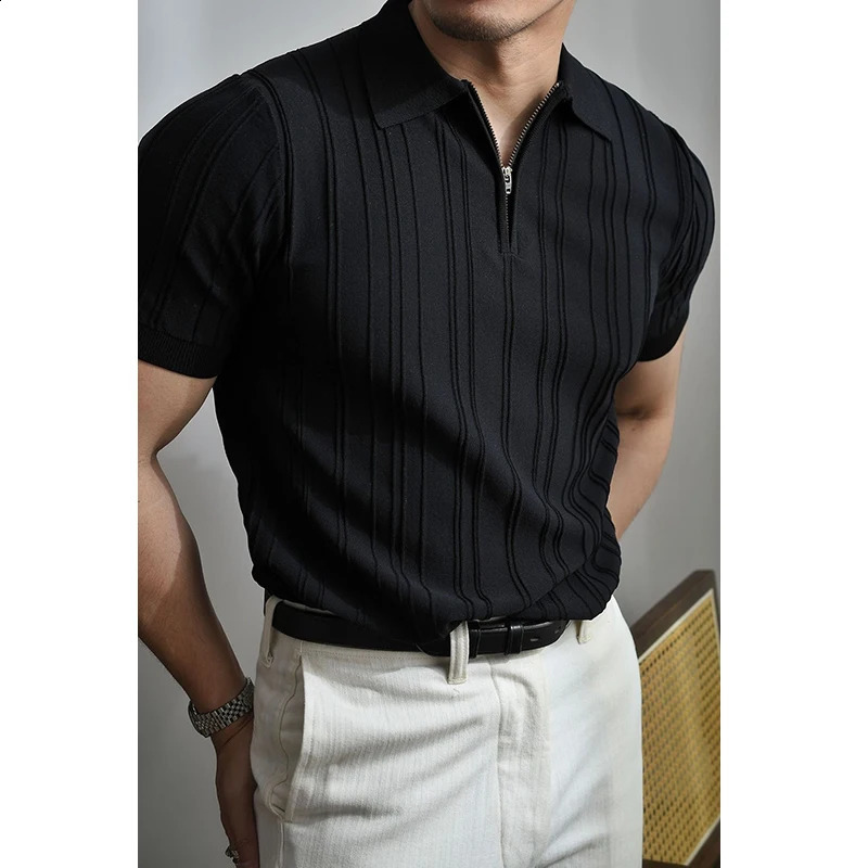 Mens casual zipper polo shirt solid color texture lapel breathable retro street light Korean pop Knitwear M-3XL 241203
