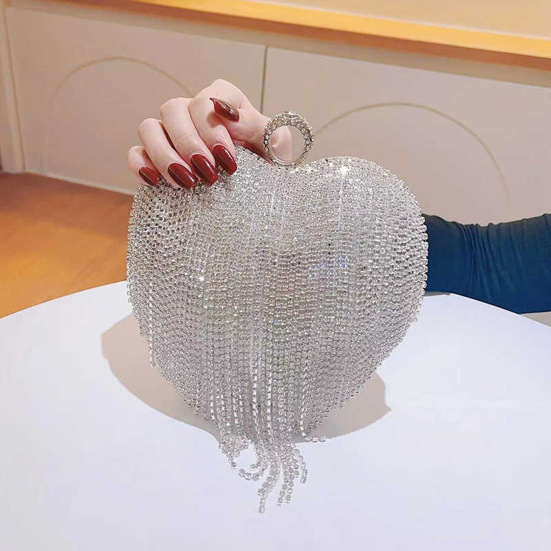 Tassel heart-shaped rhinestone bag evening dress, banquet handbag, diamond inlaid small bag, cheongsam bag name, warm one shoulder crossbody bag 24120