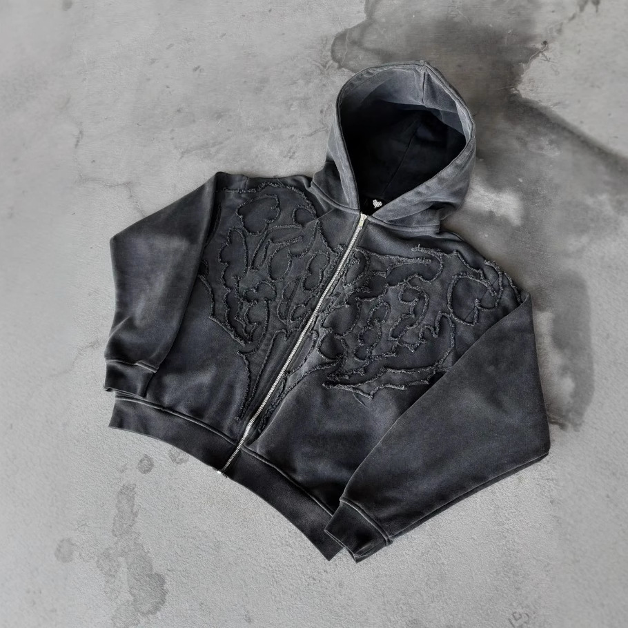 Retro Gothic Ghoul Graphic Embroidery Y2K Hoodie Mens Hip Hop Fashion Zipper Hoodie Autumn Street Costume Halloween Sweater 241105