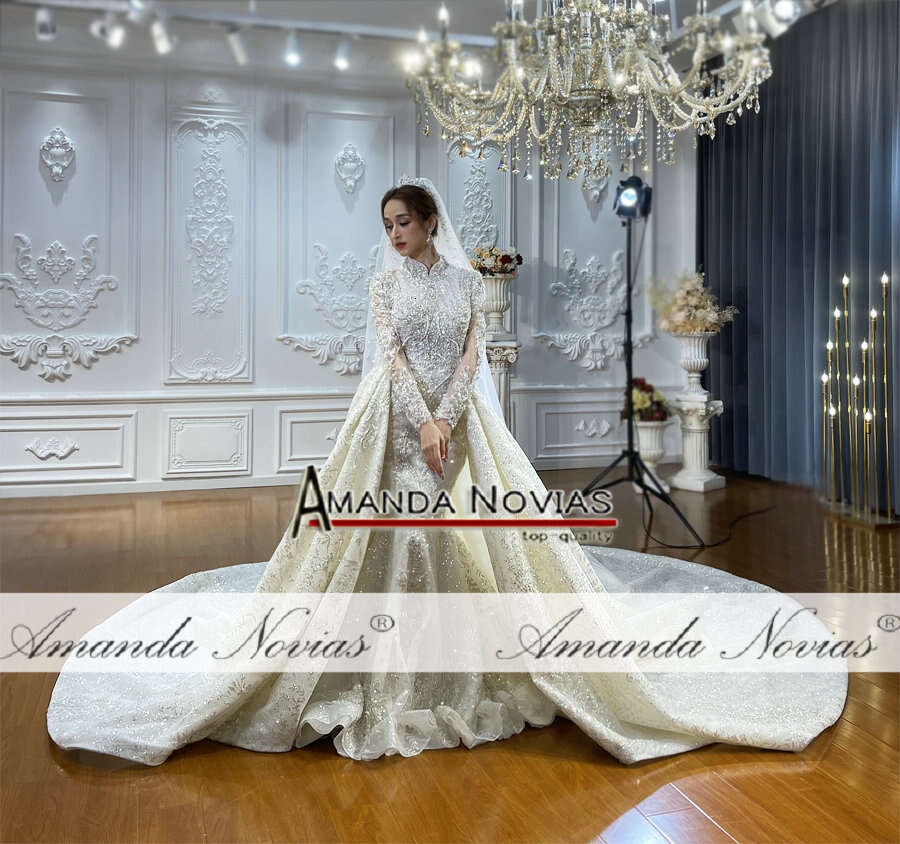 Customized High Neck Full Lace Cover 2 in 1 Wedding Dress Muslim