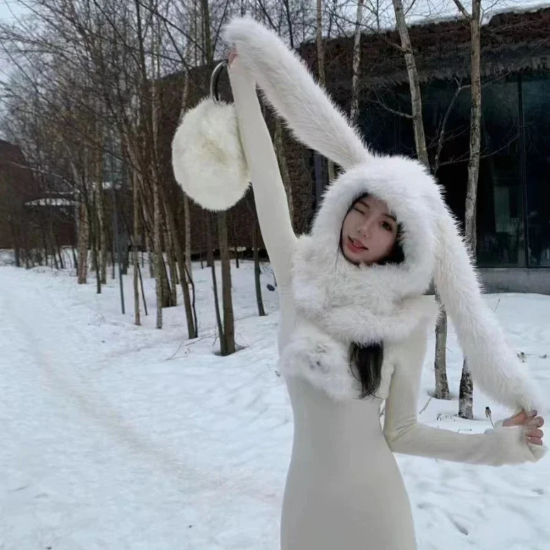 Bonnie Bunny White Plush Rabbit Ear Hat Women Winter Cute Warm Balaclava Scarf Integrated Neck Protection Neck Cover Hat Beanies 241203