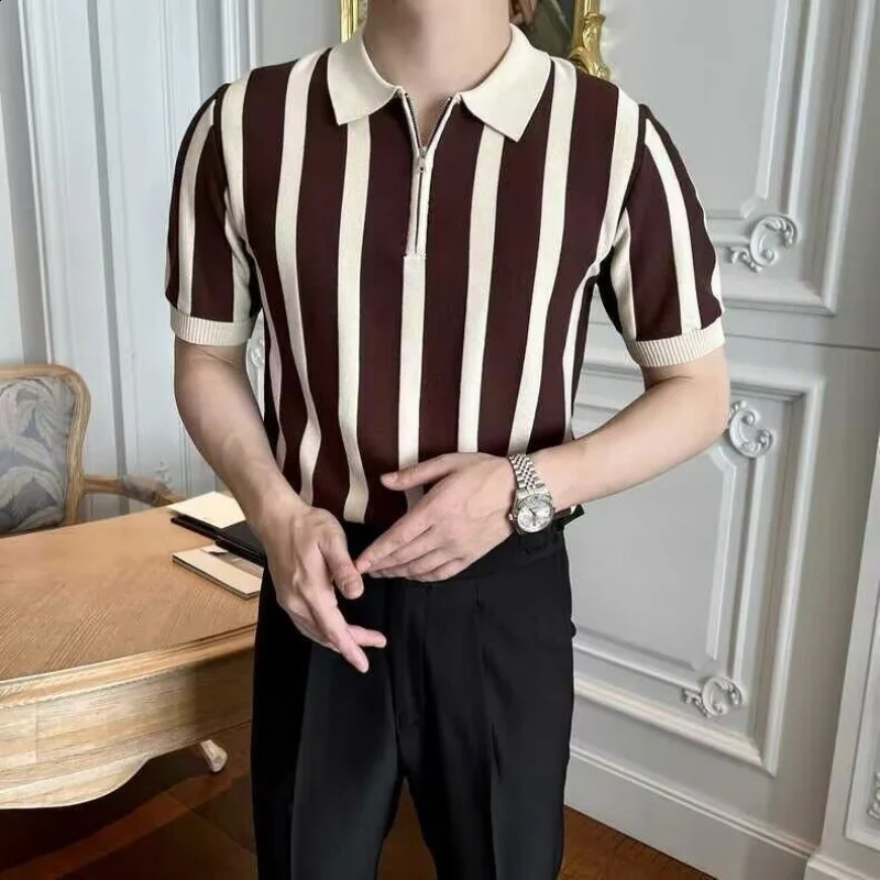 Korean retro summer short sleeved polo shirt mens collar striped personalized fashion simple splicing work zipper ice silk knitted top 241203