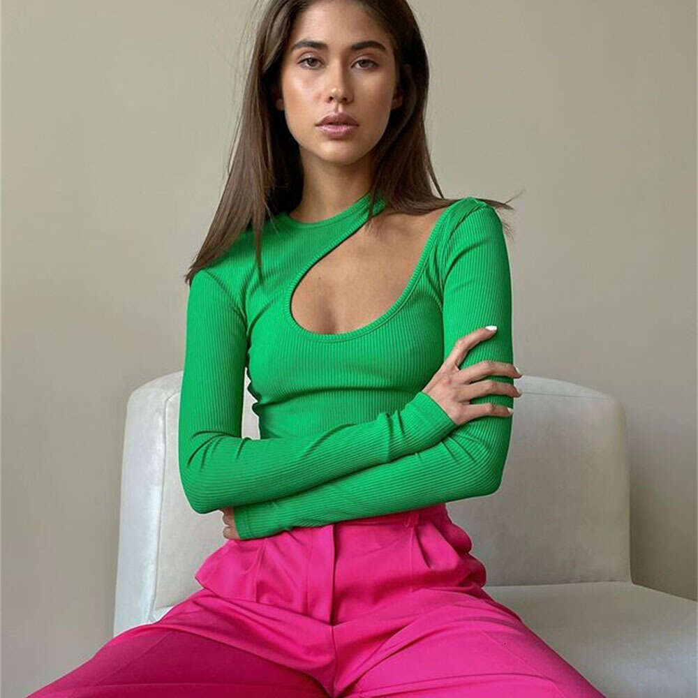 Ribbed hollow jumpsuit for women 2023 spring new long sleeved sexy top simple