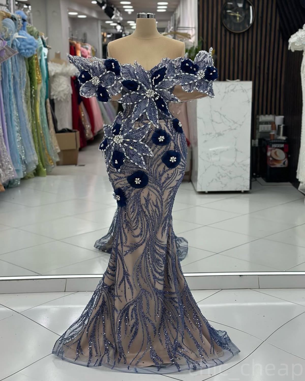 Navy Blue Illusion Mermaid Prom Dresses 2024 Flowers Crystals Sequined Evening Formal Party Second Birthday Engagement Gowns Plus Size Dress For Speci