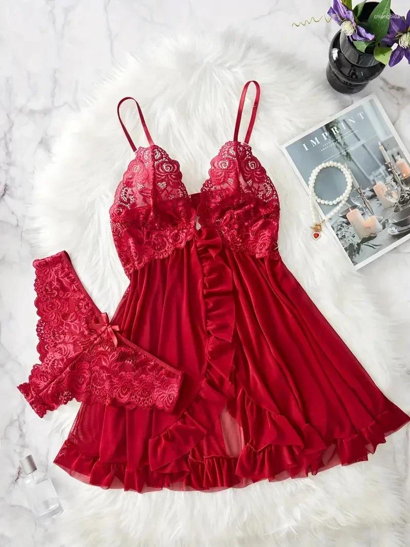 Women's Sleepwear Women Nightdress Sexy Lace Chemise Bow Nightgown Solid Slim Soft Dresses V Neck Full Slip &