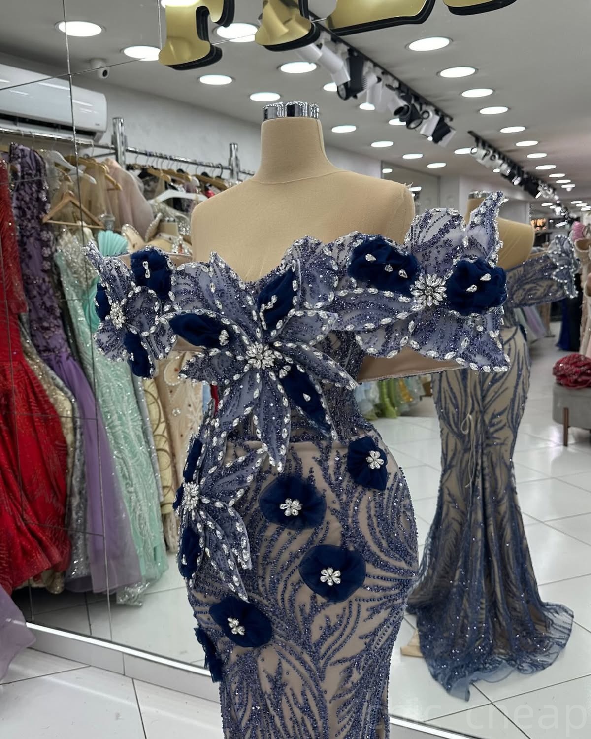 Navy Blue Illusion Mermaid Prom Dresses 2024 Flowers Crystals Sequined Evening Formal Party Second Birthday Engagement Gowns Plus Size Dress For Speci