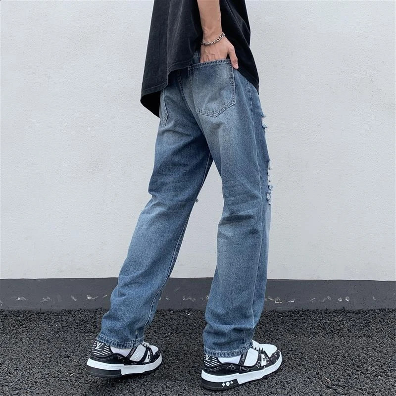 Mens open top denim jeans ripped straight casual street pants Hipster High Street Blue Pants 241203