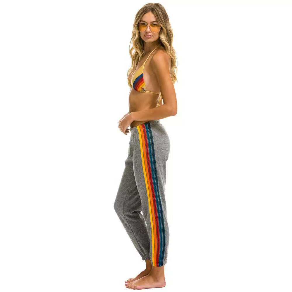 European American Spring Autumn Rainbow Strip Women's Health Sports and Leisure Knitted Pants 2024 New Casual Versatile Fashion Clothing