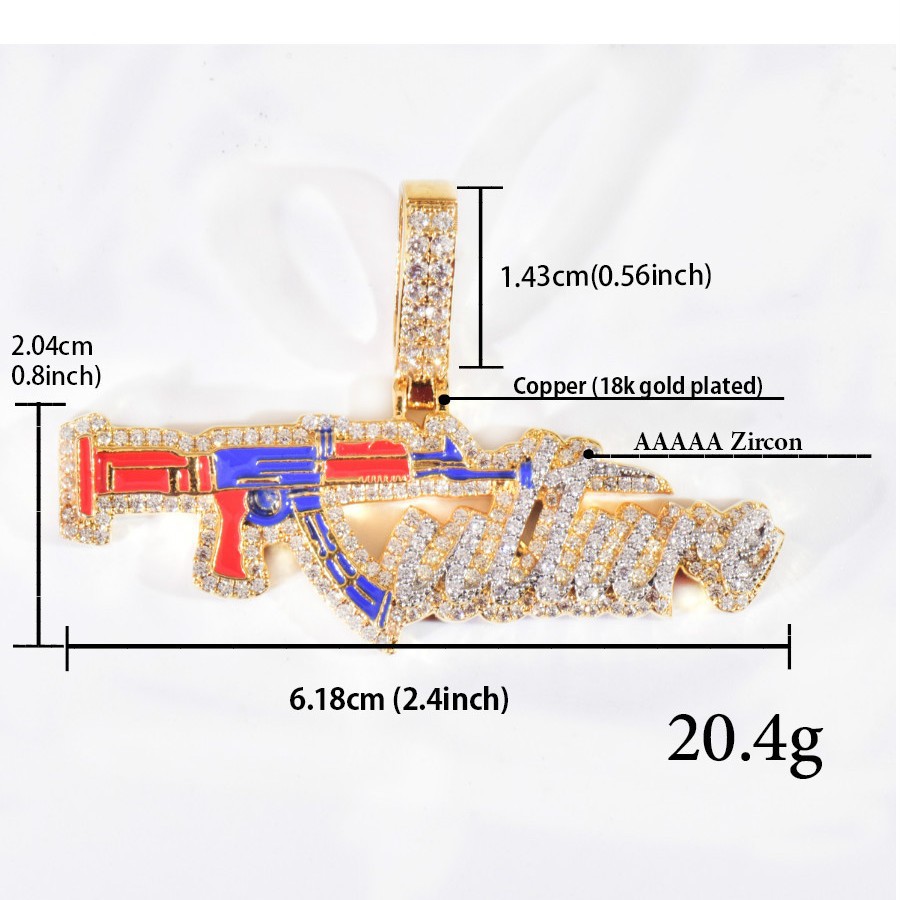 Hip Hop AK47 Gun Pendant Necklace 18K Gold Plated Colorful 5A Cubic Zirconia Rap Jewelry
