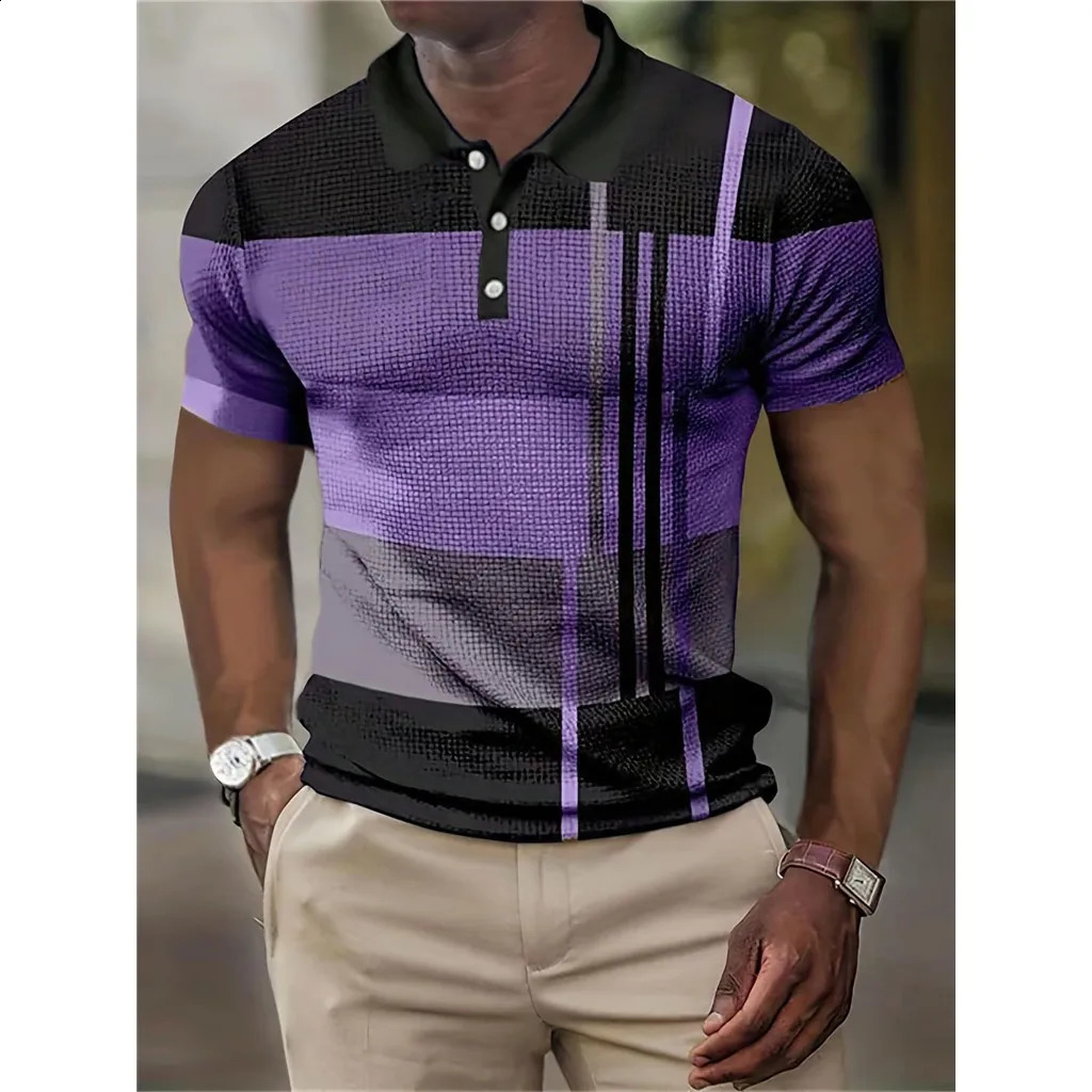 Summer Color Block Stripe 3D Printed Polo Shirt Mens Fashion Street Clothing Button Collar Short Sleeve T-shirt Top Mens Clothing 241203