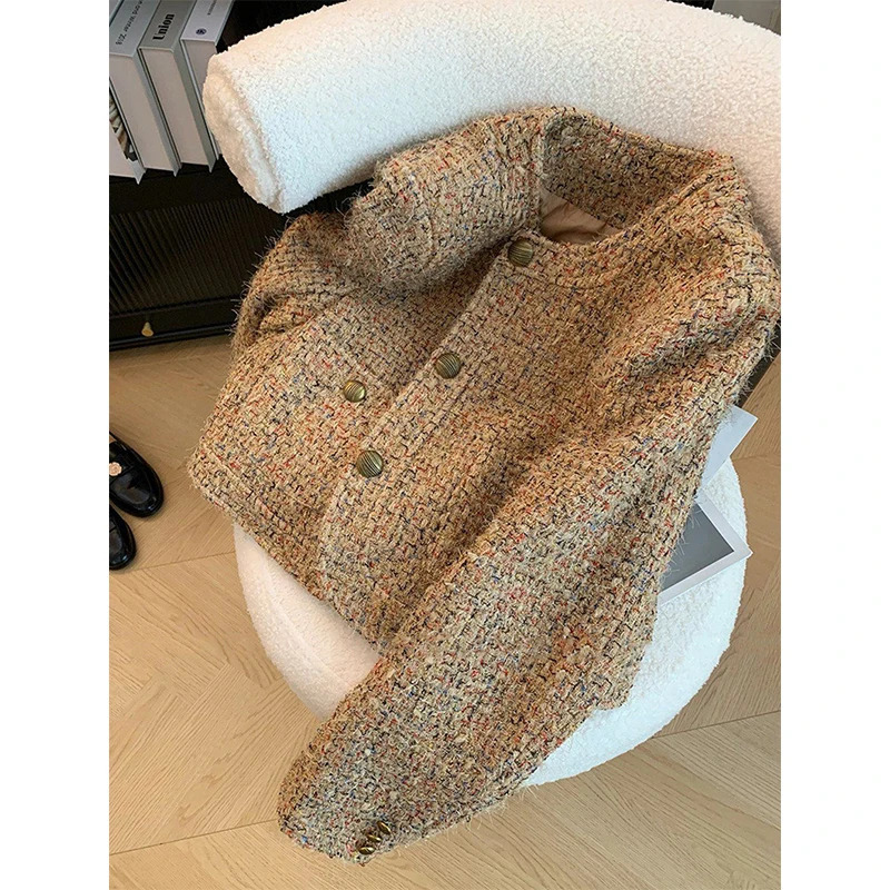 Vintage Tweed Jacket Women Elegant Cropped Coat Korean Long Sleeve Outerwear Fall Winter Ladies Single Breasted Chic Blazer 241202