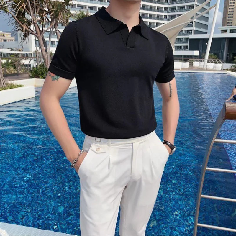 Summer mens knitted V-neck ultra-thin polo shirt Korean streetwear fashion short sleeved business casual edition top 241203