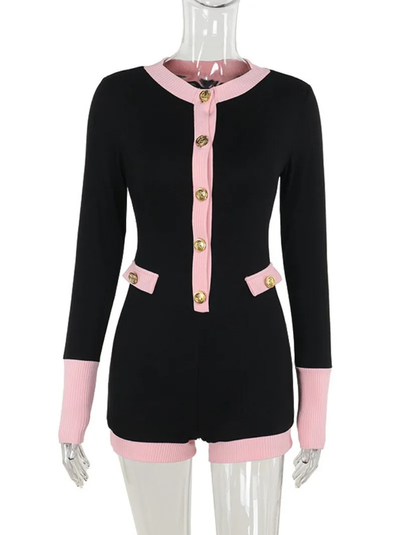 Womens clothing sweater jumpsuit Y2K streetwear O-neck button up long sleeved knitted Playsuits black pink short sleeved bodysuit jumpsuit 241202