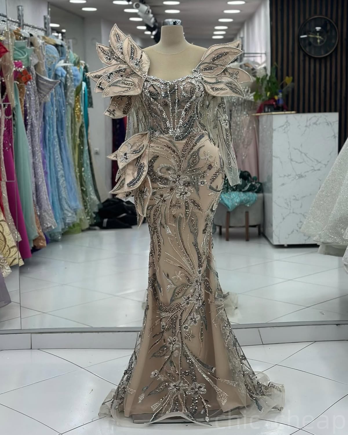 Champagne Mermaid Illusion Prom Dresses 2024 Florals Crystals Evening Formal Party Second Birthday Engagement Gowns Plus Size Dress For Special Occasi