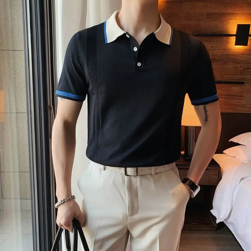 High quality Korean fashion trend panel polo shirt mens lapel button youthful and energetic casual edition short sleeved knitted top 241203