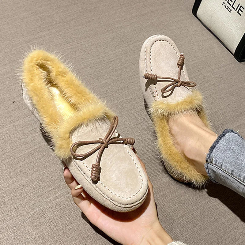 Classic Bowtie Mocasines Woman Mink Fur Flats Genuine Leather Shoes Ladies Winter Furry Boots Warm Plush Cotton Loafers Femmes 241202