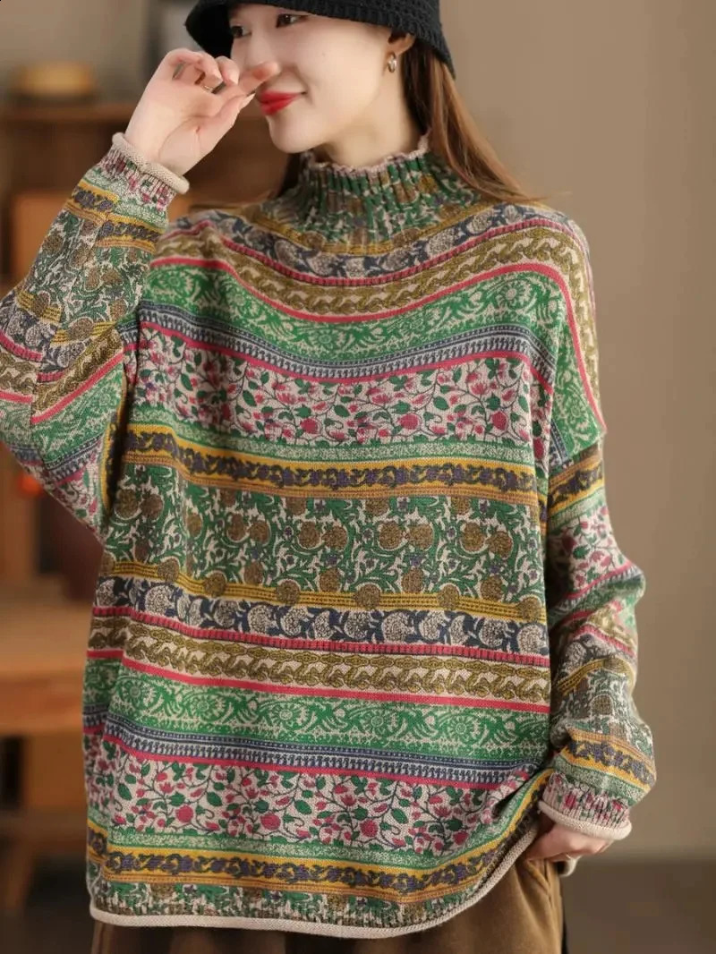 Vintage Mock Neck Womens Sweater Spring Autumn Loose Casual Women Pullover Knitted Sweaters 241203