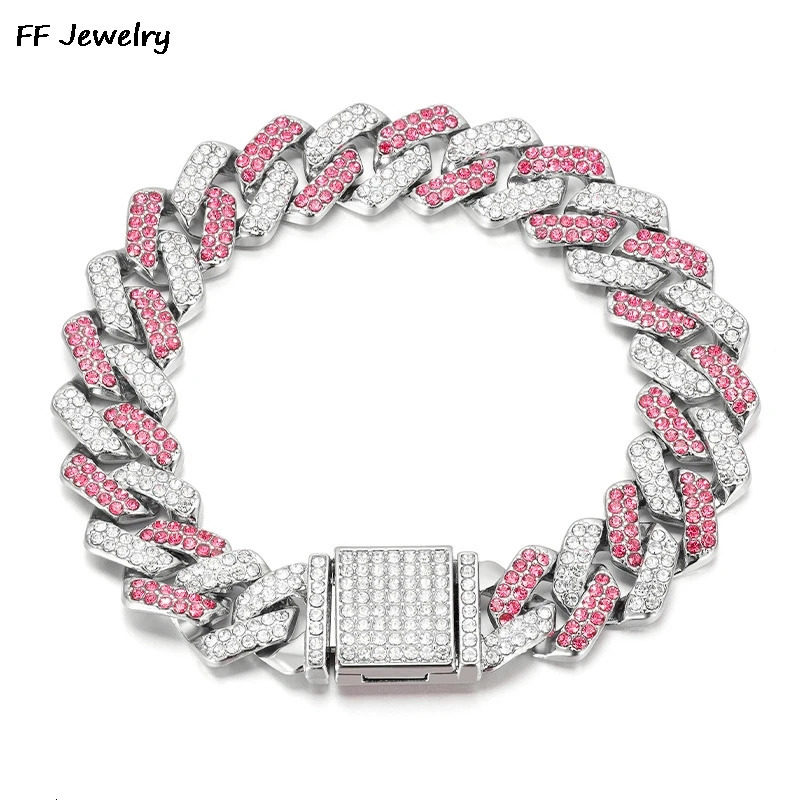14mmHip Hop Shiny Cuban Link Chain Bracelets Women Men PINK Color Rhinestone Iced Out Chain Bracelets Punk Wristband Jewelry 241203