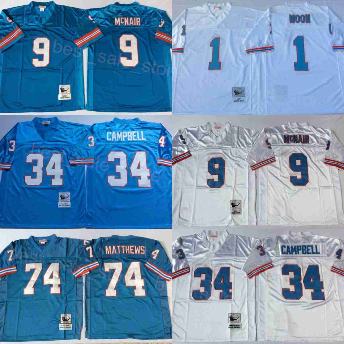1980 1997 Retro Oilers Vintage Jerseys Football Throwback 34 Earl Campbell 1 Warren Moon 9 Steve McNair 74 Bruce Matthews 78 Cuyley Culp Stitched Team Blue White