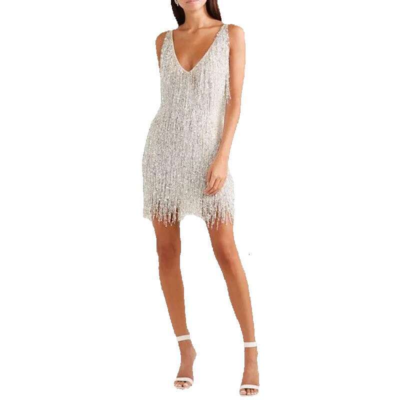 Casual Dresses European And American Foreign Trade Style Women's Sexy Fringed V-neck Slim Dress2241