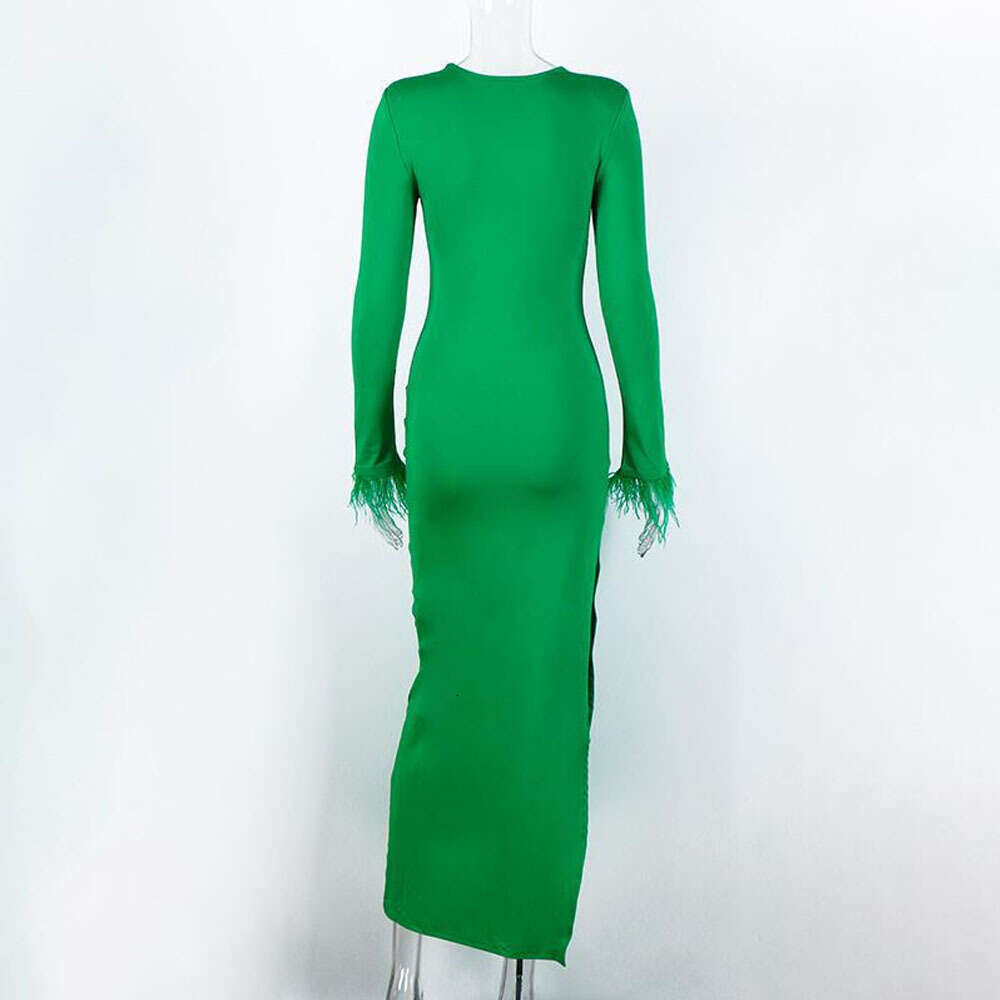 2023 style women's spring fashion temperament round neck solid color slim fit ostrich fur long sleeved dress