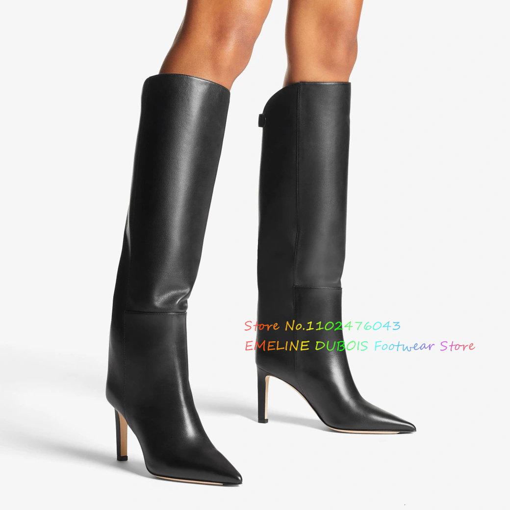 Suede Knee High Boots Pointy Toe Straight Tube Back Double Button Design Slipper On Stiletto Heel Winter Long Boot