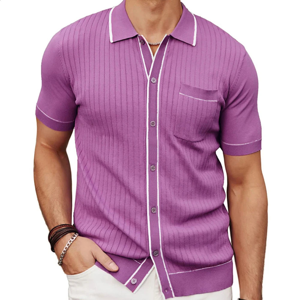 Mens clothing knitted polo shirt casual striped button solid color short sleeved mens breathable M-3XL T-shirt 241203
