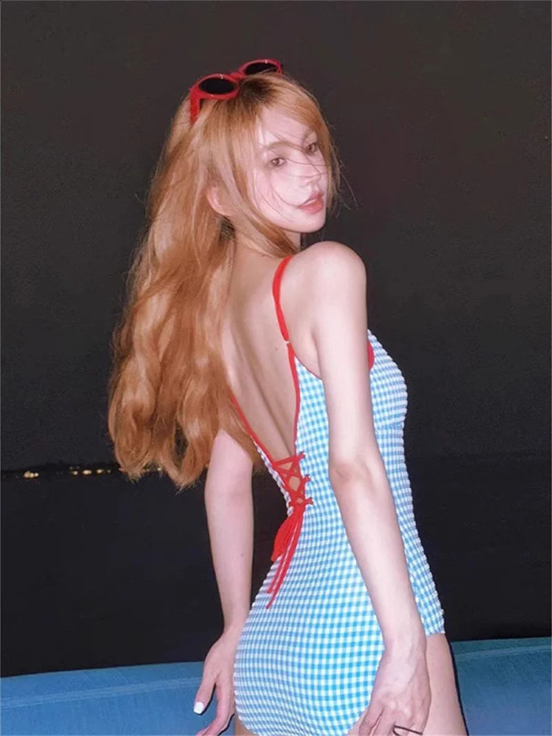 Red Scalloped Rim Swimsuit Sexy Women Blue Plaid Swimwear Swim Bathing Suit One Piece Summer Beachwear Monokini 241203