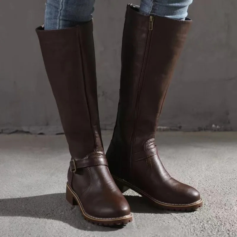 2025 PU Leather Women Long High Boots Riding Casual Buckle Zipper Autumn Platform Winter Low-heeled Black Brown Retro Shoes 241202