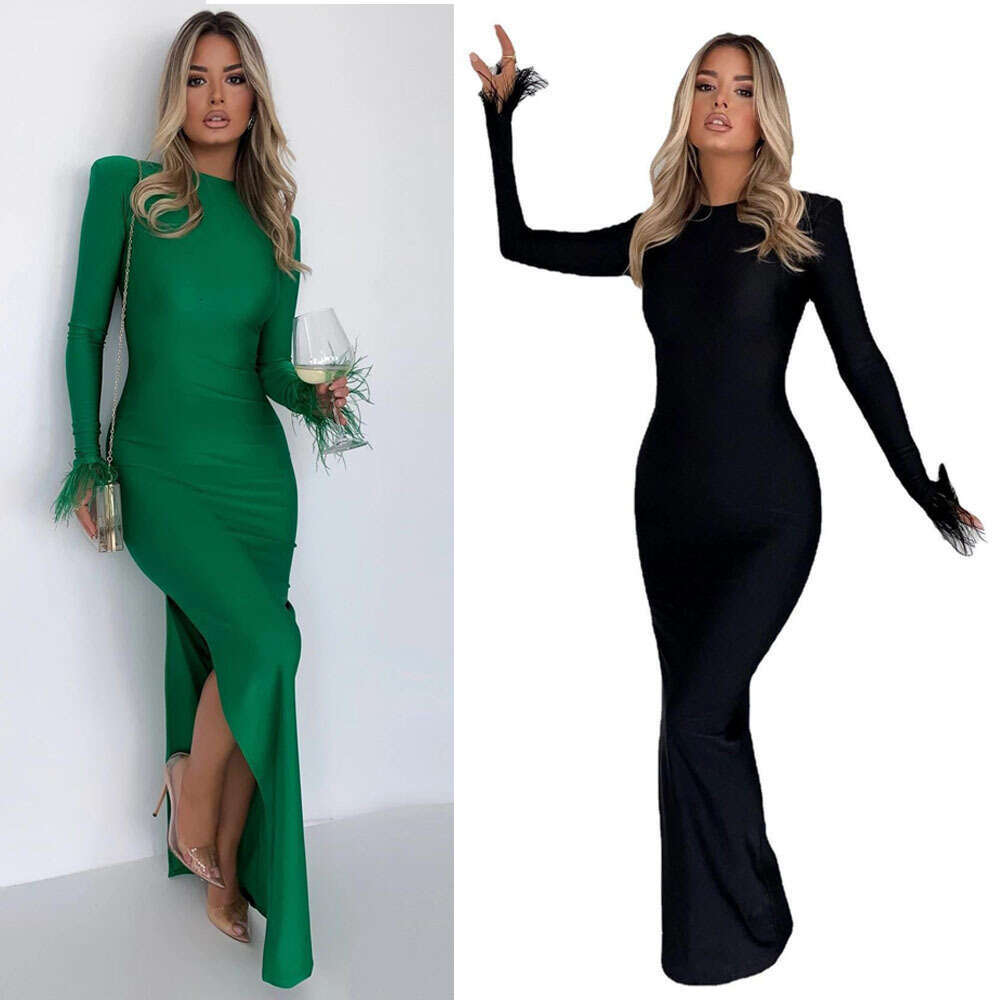2023 style women's spring fashion temperament round neck solid color slim fit ostrich fur long sleeved dress