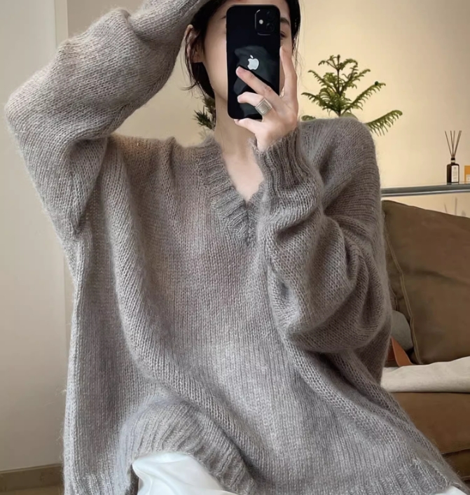 Women's Sweaters Autumn Warm Sweater Pullover With Big V-neck Simple And Loose Straight Tube Lazy Mohair Knitted Split Top