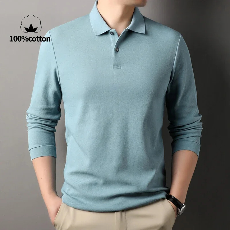 Durable 100% pure cotton mens polo shirt autumn casual long sleeved breathable lapel T-shirt 16 colors perfect for golf and sports 241203
