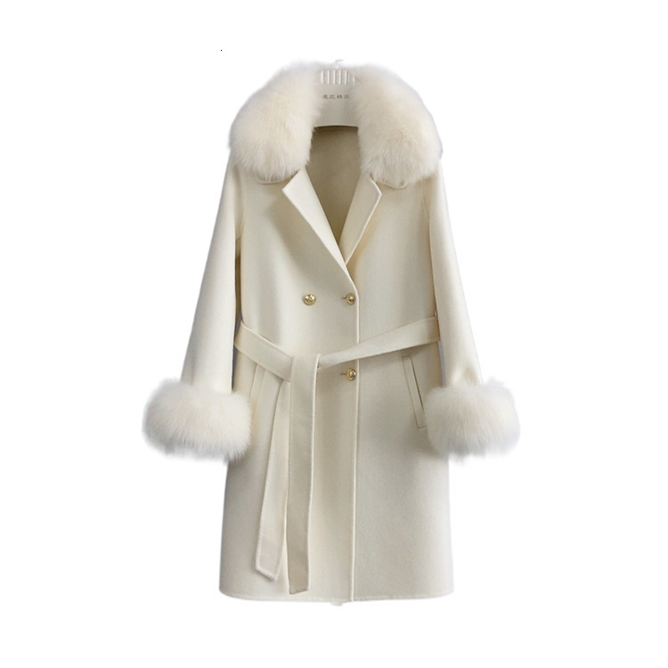 New autumn and winter fur coat for women double-sided woolen temperament woolen coat lace up double breasted fox fur collar 231026