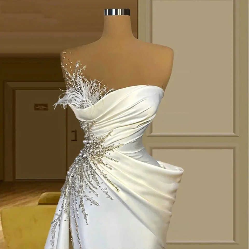 Elegant Mermaid Wedding Dresses For Women Sheer Neck Sleeveless Bridal Gown Pearls Sequins Feather Sweep Train Customized Dress vestidos de novia