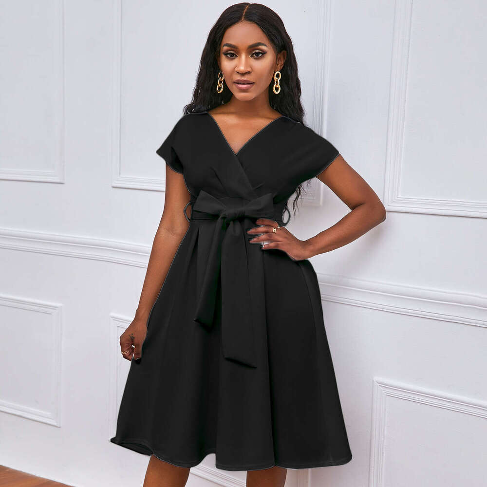 Summer V-neck solid color waistband bow tie large hem formal dress