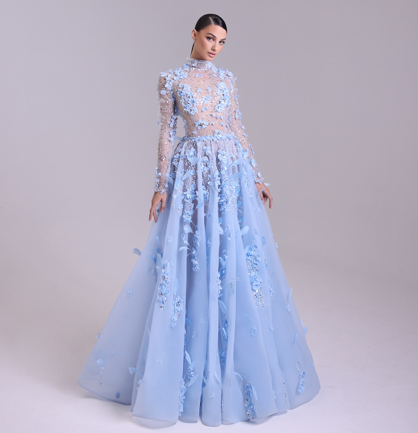Gorgeous Baby Blue Appliqued Evening High Neck Illusion Long Sleeves Gala Women Or Length Dresses For Special Ocns 6660311