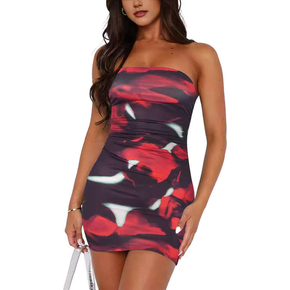 2024 women's spring fashion trend strapless printed pleated head cover, hip wrap, and short dress