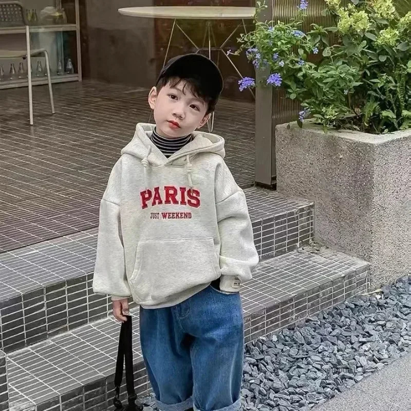 Winter Kids Fleece Thicken Hoodie Boys Long Sleeve Hooded Sweatshirts Young Children Clothing Autumn Girls Warm Letter Hoody 241202