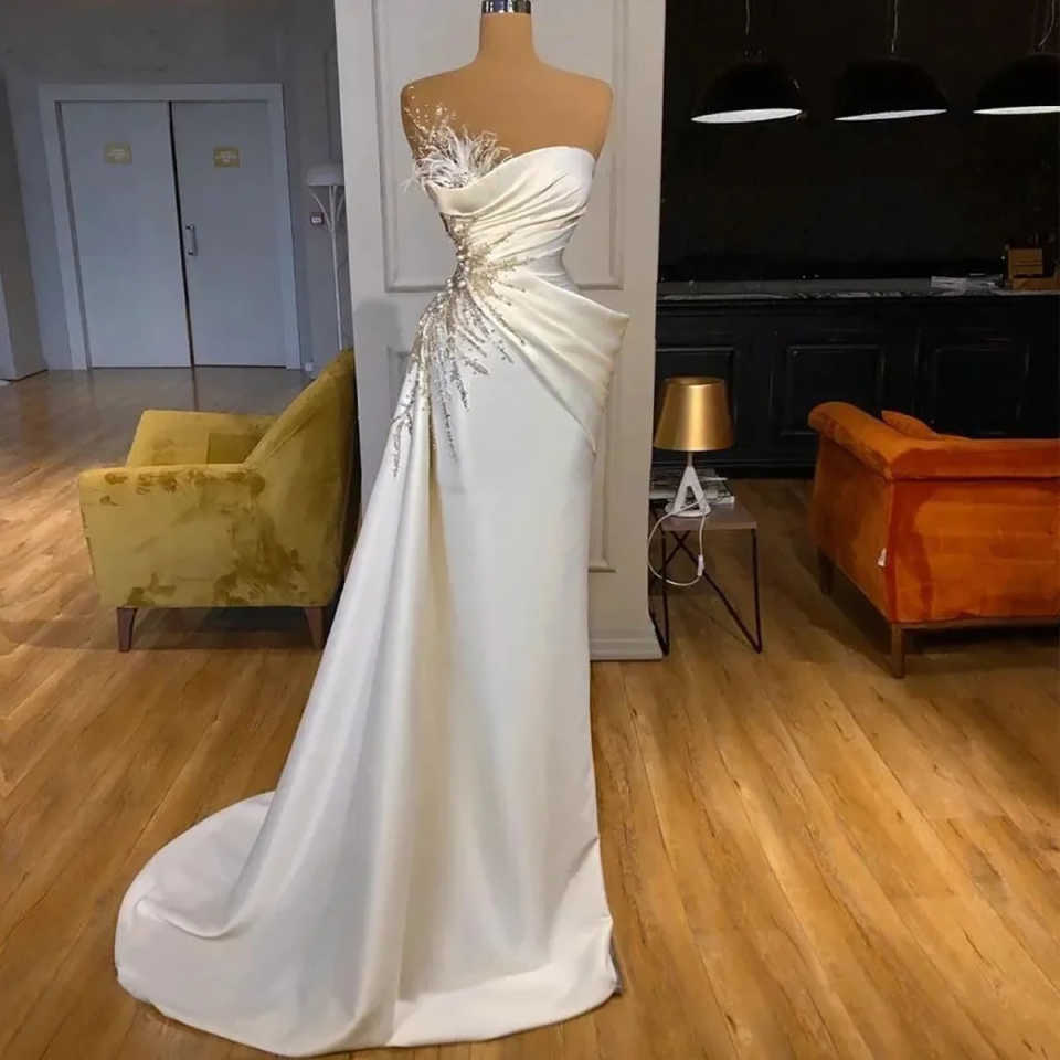 Elegant Mermaid Wedding Dresses For Women Sheer Neck Sleeveless Bridal Gown Pearls Sequins Feather Sweep Train Customized Dress vestidos de novia