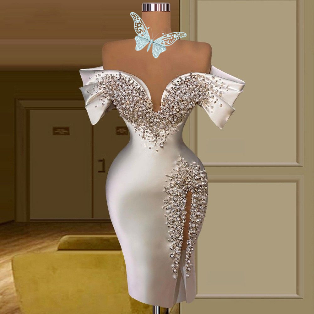 Sexy Pleats Off The Shoulder Pearls Wedding Dresses Beading Short Bridal Gowns Backless Custom Made Plus Size Robe De Mariee