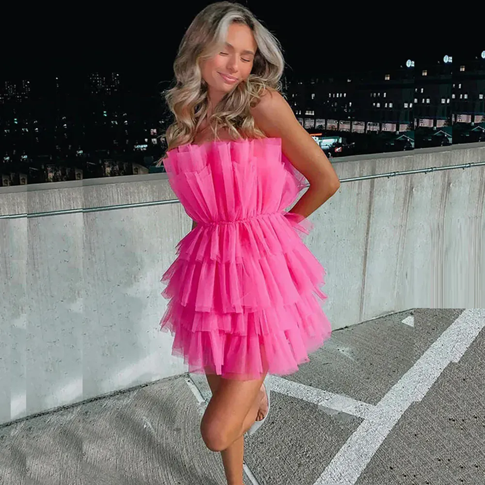 Hot Pink Strapless Tiered Homecoming Dresses Layers Mini Puffy Birthday Prom Ball Gown Graduation Party GownS Short Cocktail Gowns